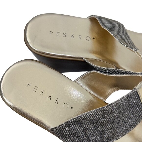 Pesaro Women Gold Wedge Sandals Double Sparkly Strap Design Ring Accent Size 11 - Picture 5 of 15